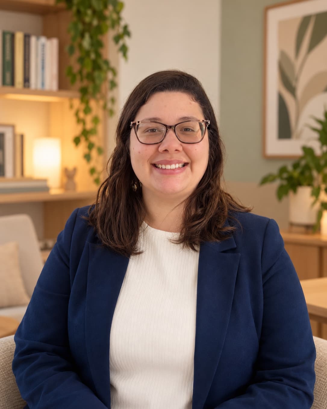 Gabriela da Silva, psicóloga, sorrindo em um ambiente acolhedor de consultório